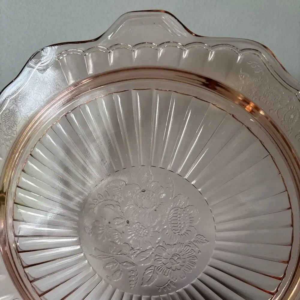 Vintage Pink Depression Glass Granny Cottage Cake Plate Mayfair Open Rose 1930s
